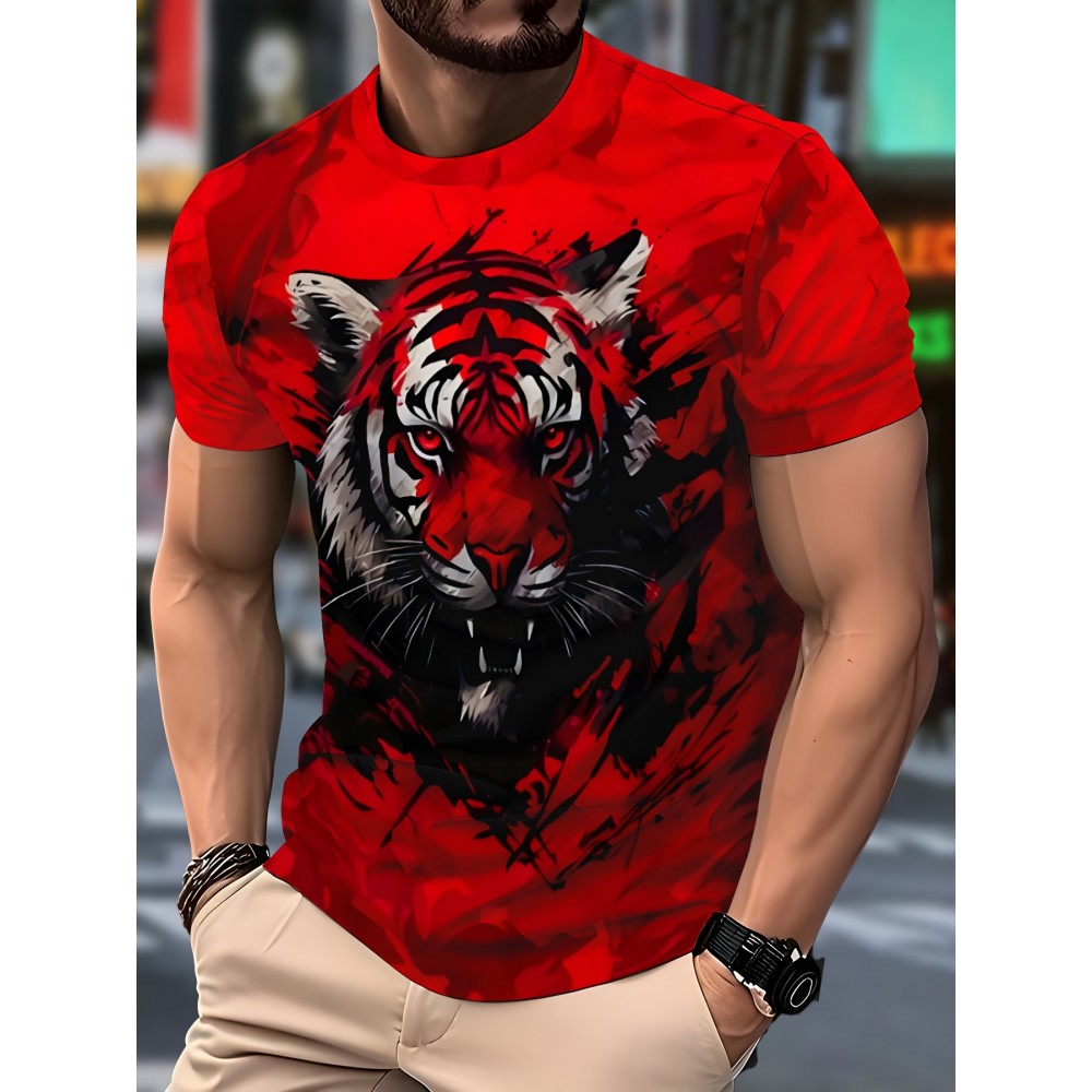 Men's Novelty Tiger Print T-Shirt - Red, Casual Crew Neck, Short Sleeve, Polyester Blend, Machine Washable, Bold Graphic Design