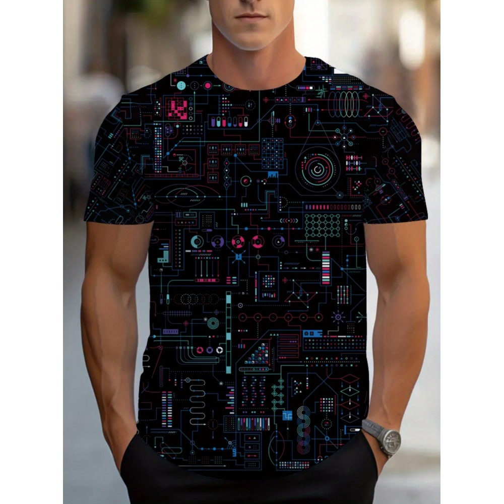 Men's Futuristic Circuit Board Graphic T-Shirt - Sporty Tech-Inspired Design, Vibrant Neon Geometric Print, Breathable Summer Tee, Machine Washable Regular Fit Round Neck, Techthemed Apparel, Comfortable Wear
