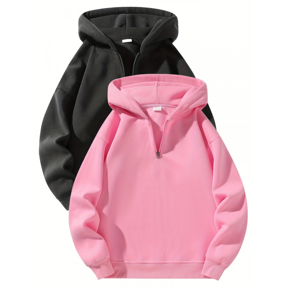 [Sporty Sweatshirts] 2pcs Sporty Comfortable Fleece-Lined Half-Zip Hooded Sweatshirts | Unisex Regular Fit Polyester Pullovers with Zippered Pockets for Gym, Casual & Lounge Wear, Machine Washable, Soft Knit Texture, Heather Grey & Black