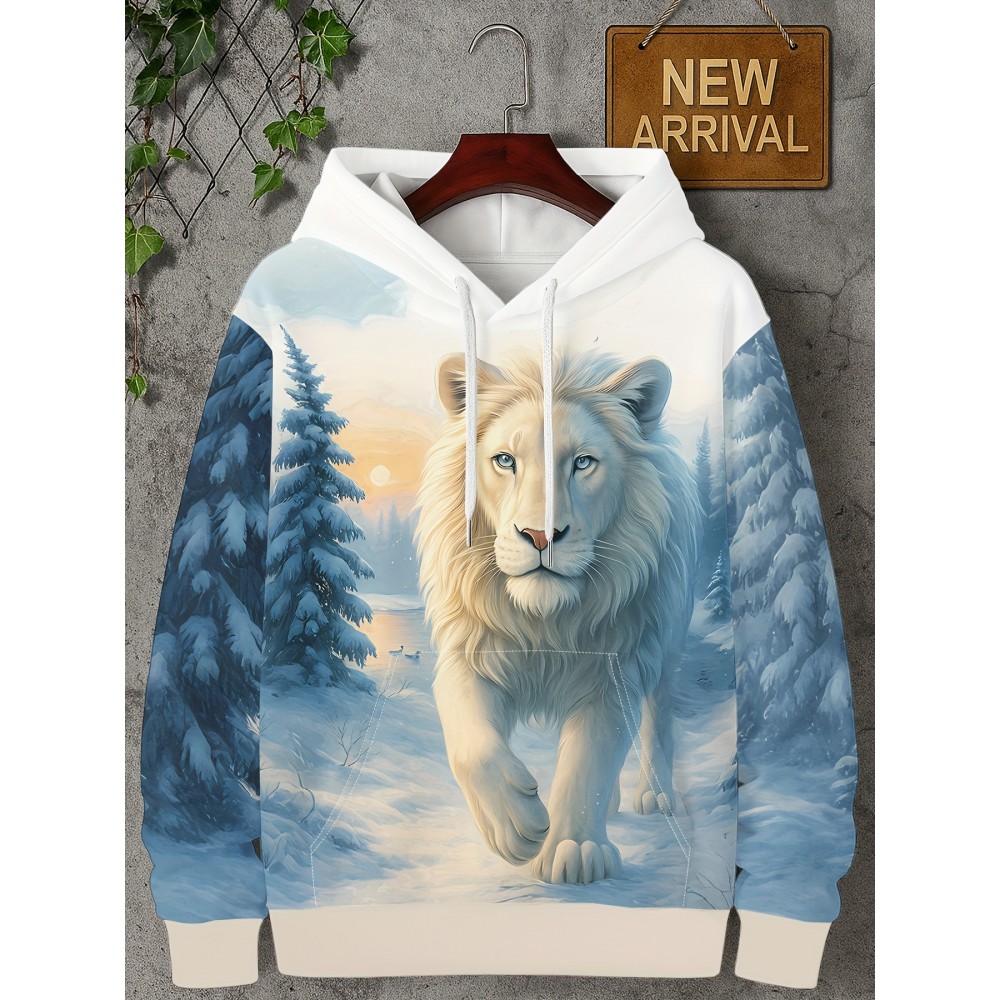 [3D White Lion Hoodie] 3D Snow Forest White Lion Hoodie for Men | Animal Print Pullover with Drawstring Hood and Pocket, Long Sleeves - Casual Autumn Winter Streetwear, Nature Wildlife Sweatshirt