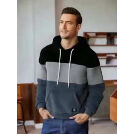 Men's Heavyweight Plush Hoodie - Winter Thermal Pullover Sweatshirt with Kangaroo Pocket, Dark Grey/Black Color Block Hooded Sweater for Cold Weather, Machine Washable Loose Fit Casual Outerwear, Ribbed Cuffs And Hem