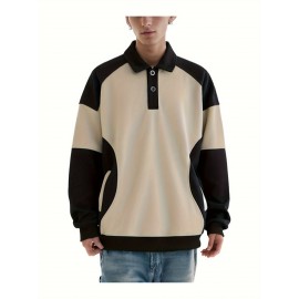 [NASAOVER Long Sleeve Shirt] Men's NASAOVER Colorblock Long Sleeve Shirt - Casual Loose Fit, Two-Tone Black/Beige, Button Detail, Ideal for Spring & Summer Outdoor Activities