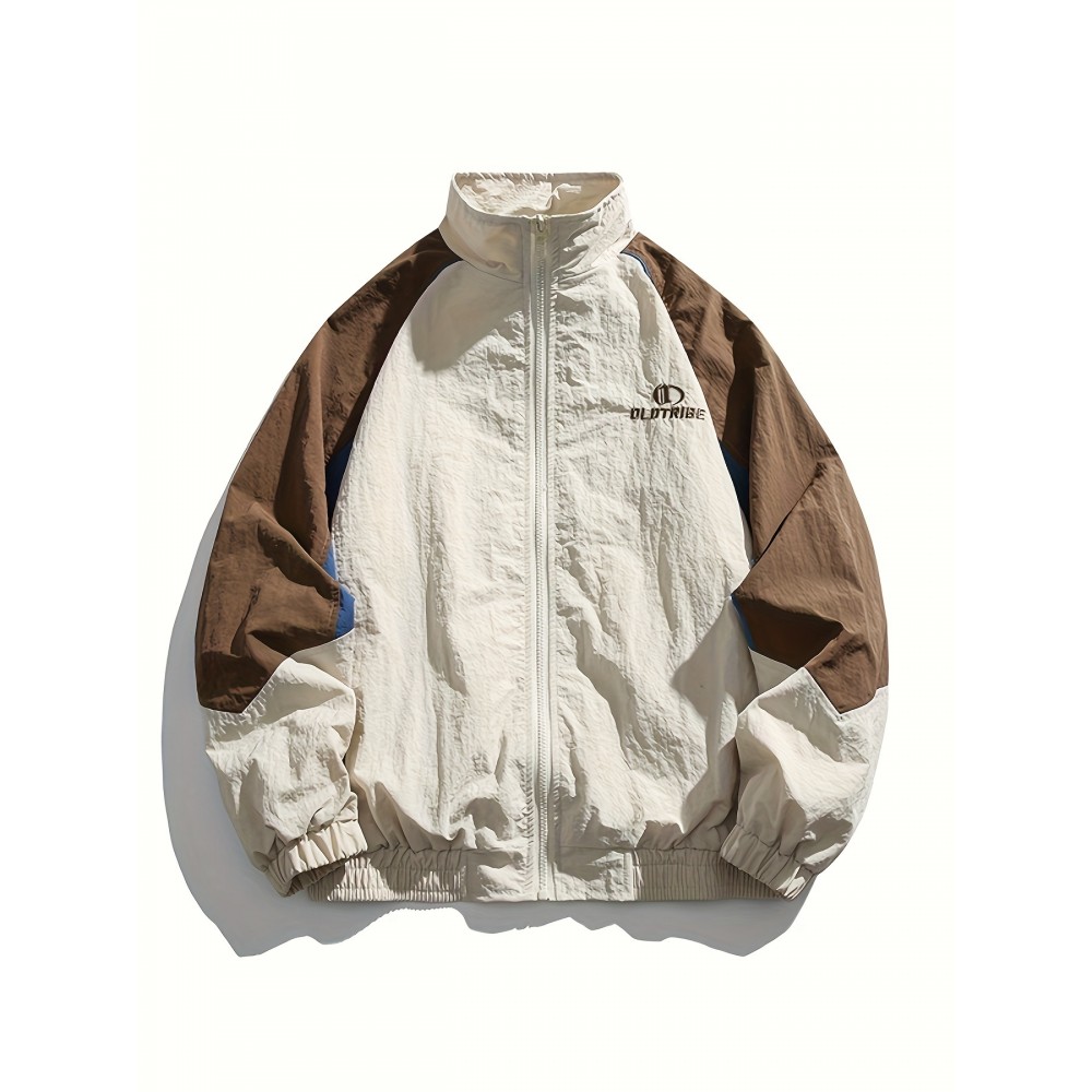 Men's Casual Full-Zip Color Block Jacket, Lightweight Comfy Blouson Jacket For Spring/Fall Outdoor Activity