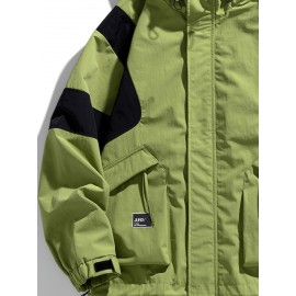 Men's Heavy-Duty Jacket - Full-Zip Windbreaker Coat with Hood, Black/White colorblock, Loose Fit Workwear Jacket for Outdoor, Casual, Everyday Use - Size XL (Machine Washable)