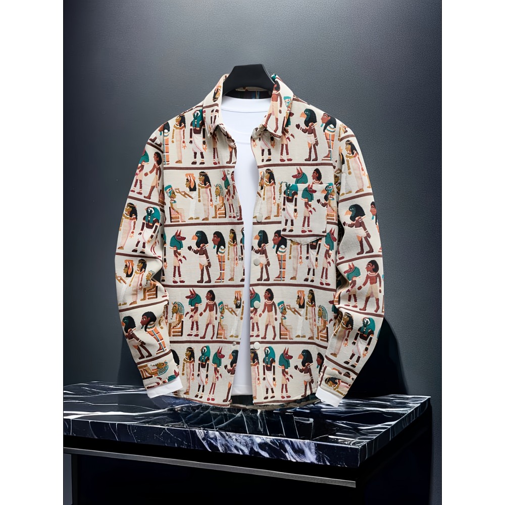 Larsen OBM Unisex Slim-Fit Long-Sleeve Shirt Jacket - Vintage Abstract Egyptian Embroidery, All-Season Casual Outdoor Wear, Machine Washable, Perfect Gift for Men & Women