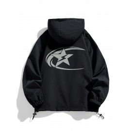 Men'S Casual Hooded Windbreaker Jacket with Star Design - Black, Long Sleeve, Zippered, Polyester Lining, Casual Outdoor Wear for Spring and Fall, Casual Outerwear | Star Print Jacket | Adjustable Hood, Essential Jacket