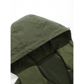 Men's Windproof Hooded Jacket - Casual Outdoor Pullover with Zipper Pockets, Long Sleeve, Machine Washable, Green Polyester Fabric for Spring/Fall, Windbreaker Jacket