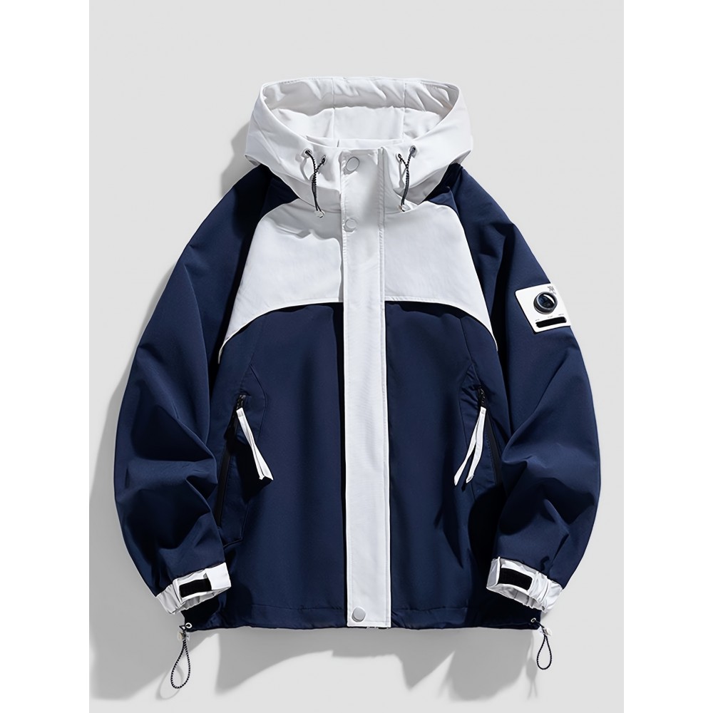 Men'S Hooded Windbreaker Jacket - Navy & White Color Block, Loose Fit with Zipper Pockets, Casual Outdoor Spring/Fall Coat for Casual Attire, Windbreaker Jacket, Spring Outerwear, Contrast Color Design, Durable Fabric