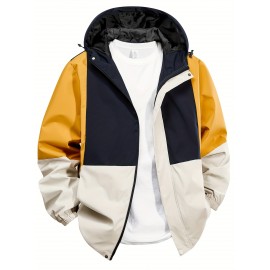 [Casual Hooded Jacket] Durable Polyester Men's Hooded Jacket | Casual Color Block Zip-Up Windbreaker, Machine Washable, Ideal for All Seasons, Windbreaker Jacket, P5
