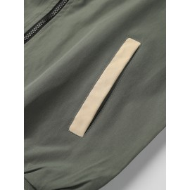 [Trendy Polyester Hooded Jacket] Trendy Lightweight Polyester Men's Casual Zip-Up Hooded Jacket - Color Block Design with Striped Accents, Perfect for Spring & Autumn