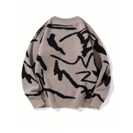 [Men's Geometric Sweater] Xingfan Men's Geometric Print Pullover Sweater | Drop Shoulder Casual Long Sleeve Round Neck Knit Top with Ribbed Detailing, Autumn Winter Warmth, Regular Fit for Casual Attire