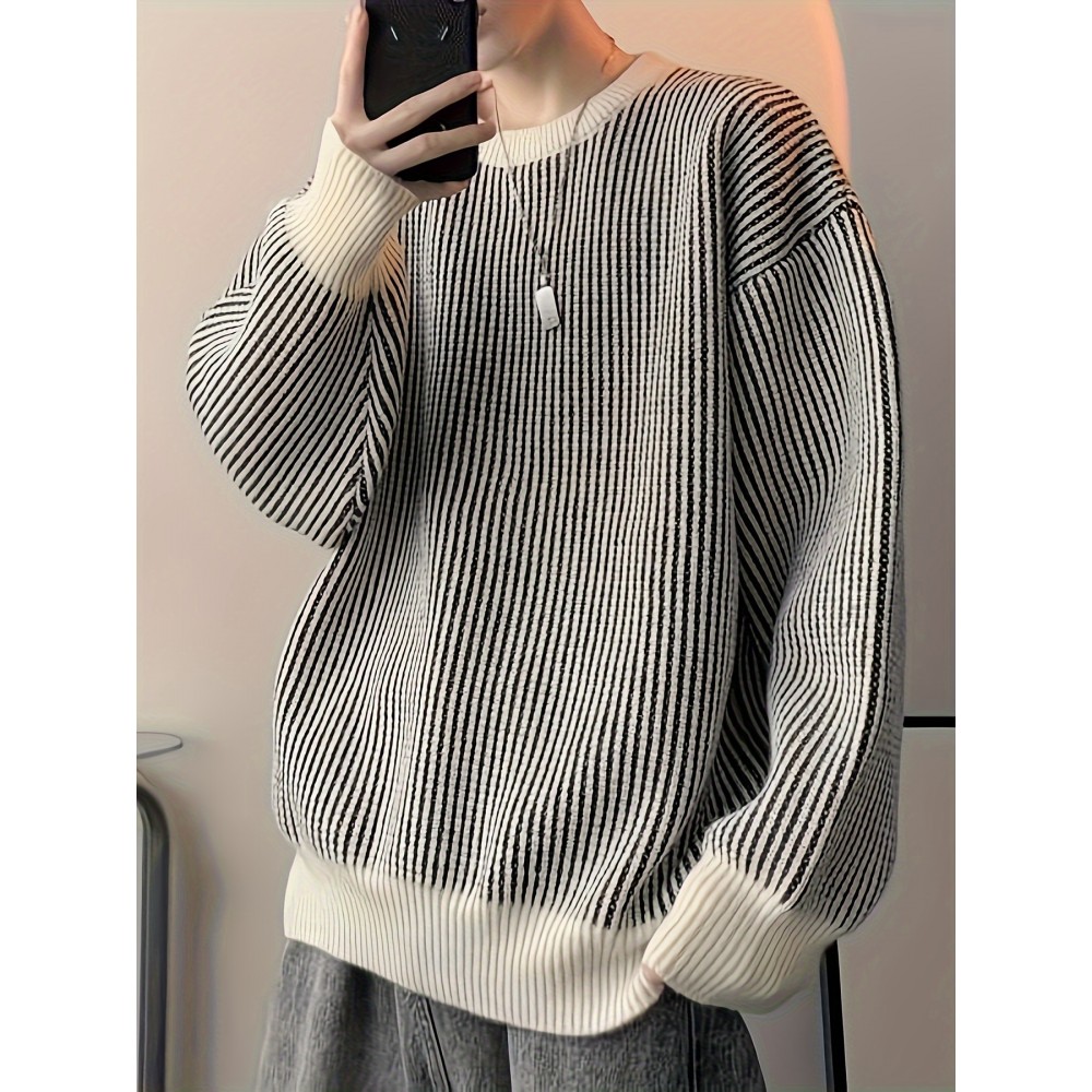Men's Casual Striped Sweater - Polyester Knit Pullover with Round Neck, Medium Stretch, Regular Fit for Fall/Winter Season