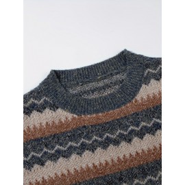 Men's Casual Color-Block Geometric Knit Sweater - Loose Fit Ribbed Detail Pullover, Machine Washable Autumn Winter Warm Crewneck Sweater for Casual Attire, Knitted Sweater, Durable Winter Wear