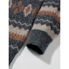 Men's Casual Color-Block Geometric Knit Sweater - Loose Fit Ribbed Detail Pullover, Machine Washable Autumn Winter Warm Crewneck Sweater for Casual Attire, Knitted Sweater, Durable Winter Wear