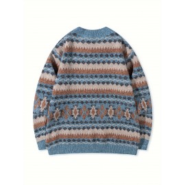 Men's Casual Color-Block Geometric Knit Sweater - Loose Fit Ribbed Detail Pullover, Machine Washable Autumn Winter Warm Crewneck Sweater for Casual Attire, Knitted Sweater, Durable Winter Wear