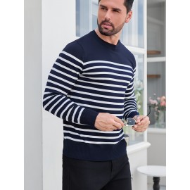 Men'S Casual Striped Knit Sweater - Navy & Vertical Stripes, Long Sleeve Crew Neck, Medium Stretch, Regular Fit for Spring/Fall, Versatile Layering Piece, Spring Fall Apparel | Classic Striped Design | Medium Stretch Fabric