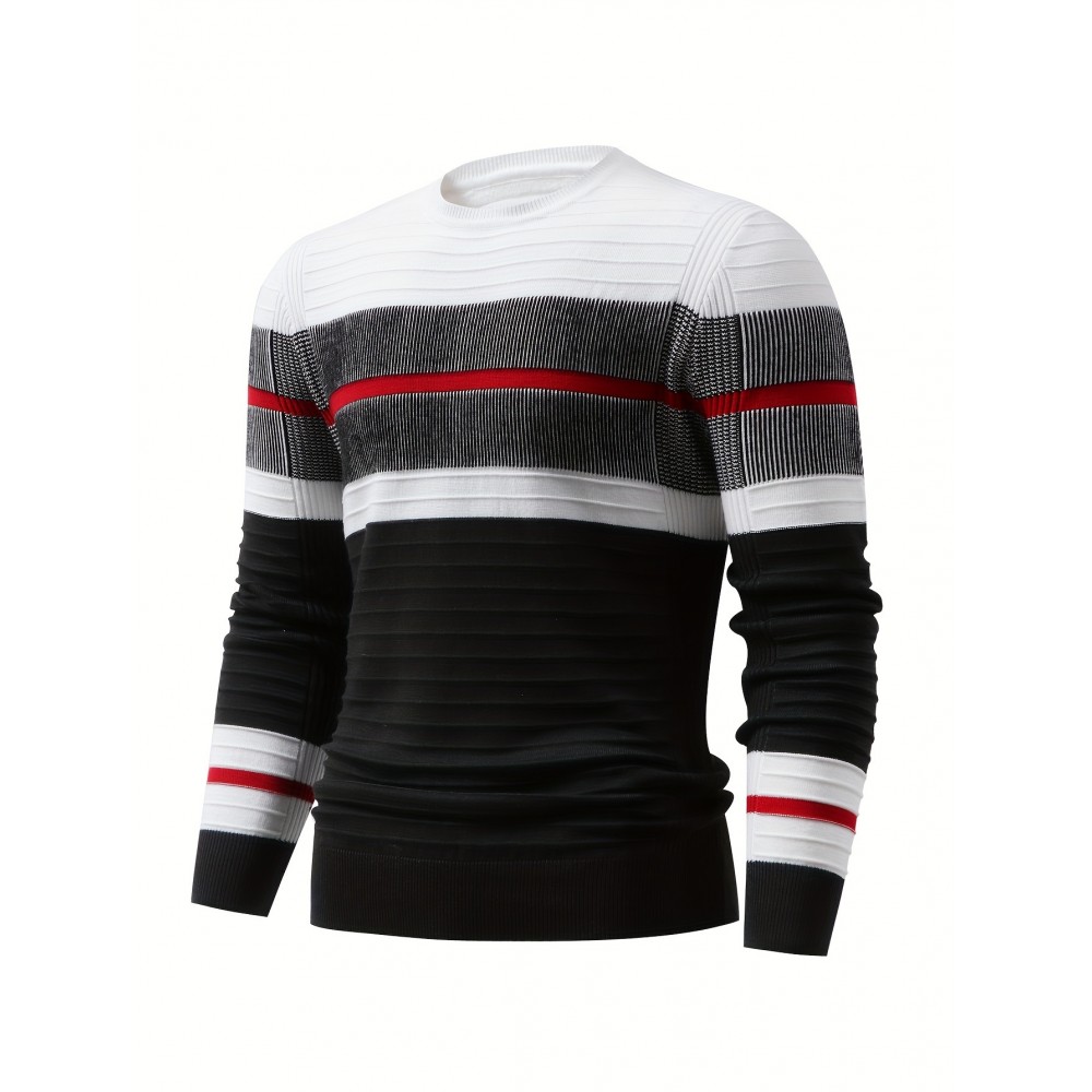 Men'S Fashionable Striped Knit Pullover Sweater - Stretchy Blend, Long Sleeve, Round Neck, Black/White/Red Vertical Stripes, Casual Style for Fall/Winte