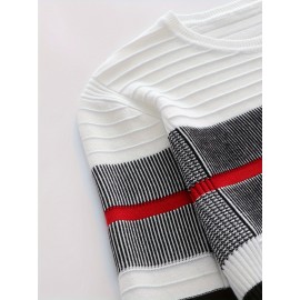 Men'S Fashionable Striped Knit Pullover Sweater - Stretchy Blend, Long Sleeve, Round Neck, Black/White/Red Vertical Stripes, Casual Style for Fall/Winte