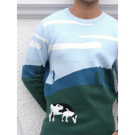 Cozy Fall | Cozy Fall Cow Print Sweater for Men - Casual Long Sleeve, Thick Knit, Acrylic, Crew Neck, Green & Blue Design with Black and White Cow, Perfect for Fall/Winter, Fall Winter Apparel | Playful Design | Acrylic Knitwear