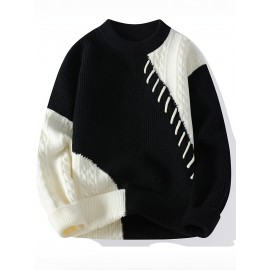 Men'S Cozy Ribbed Knit Sweater - Casual Long Sleeve Crewneck with Contrast Trim, Warm Fall/Winter Pullover in Light Green, Perfect for Casual Attire, Thick