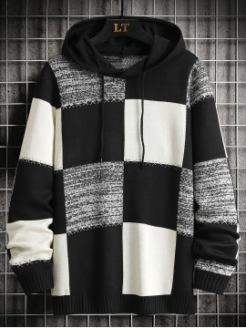 Men's Casual Hooded Color-Block Sweater - Black & Plaid Pattern, Sleeve Pullover with Ribbed Cuffs & Adjustable Drawstring Hood for Spring/Fall Daily Commute & Casual Outings, Sweater Hoodie, Durable Knitwear, Comfortable Fit