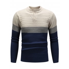 Beige/Blue/Gray/Black/White Men's Thick Winter Knit Sweater - Color Block Stripes, Round Neck Half-Zip Button Detail, Medium Stretch Casual Retro Style Regular Fit Long Sleeve Pullover for Casual Attire, Knit Sweater, Comfortable Fit