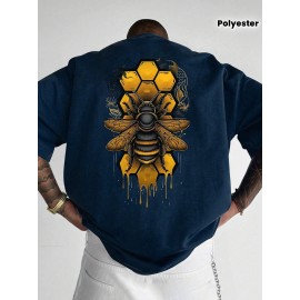 Men's Casual Short Sleeve T-Shirt - 100% Polyester Relaxed Fit Bee Print Graphic Tee with Honeycomb & Dripping Wax Design, Small Round Neck Summer Outdoor Top for Men, Durable Fabric Shirt