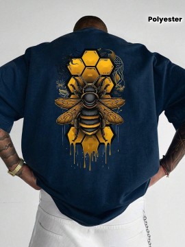 Men's Casual Short Sleeve T-Shirt - 100% Polyester Relaxed Fit Bee Print Graphic Tee with Honeycomb & Dripping Wax Design, Small Round Neck Summer Outdoor Top for Men, Durable Fabric Shirt