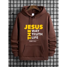 Men's Jesus The Way Truth Life John 14:6 Scripture Hoodie - Brown with Bold Yellow Lettering, Casual Pullover Hooded Sweatshirt, Regular Fit Autumn Winter Comfortable Religious Apparel