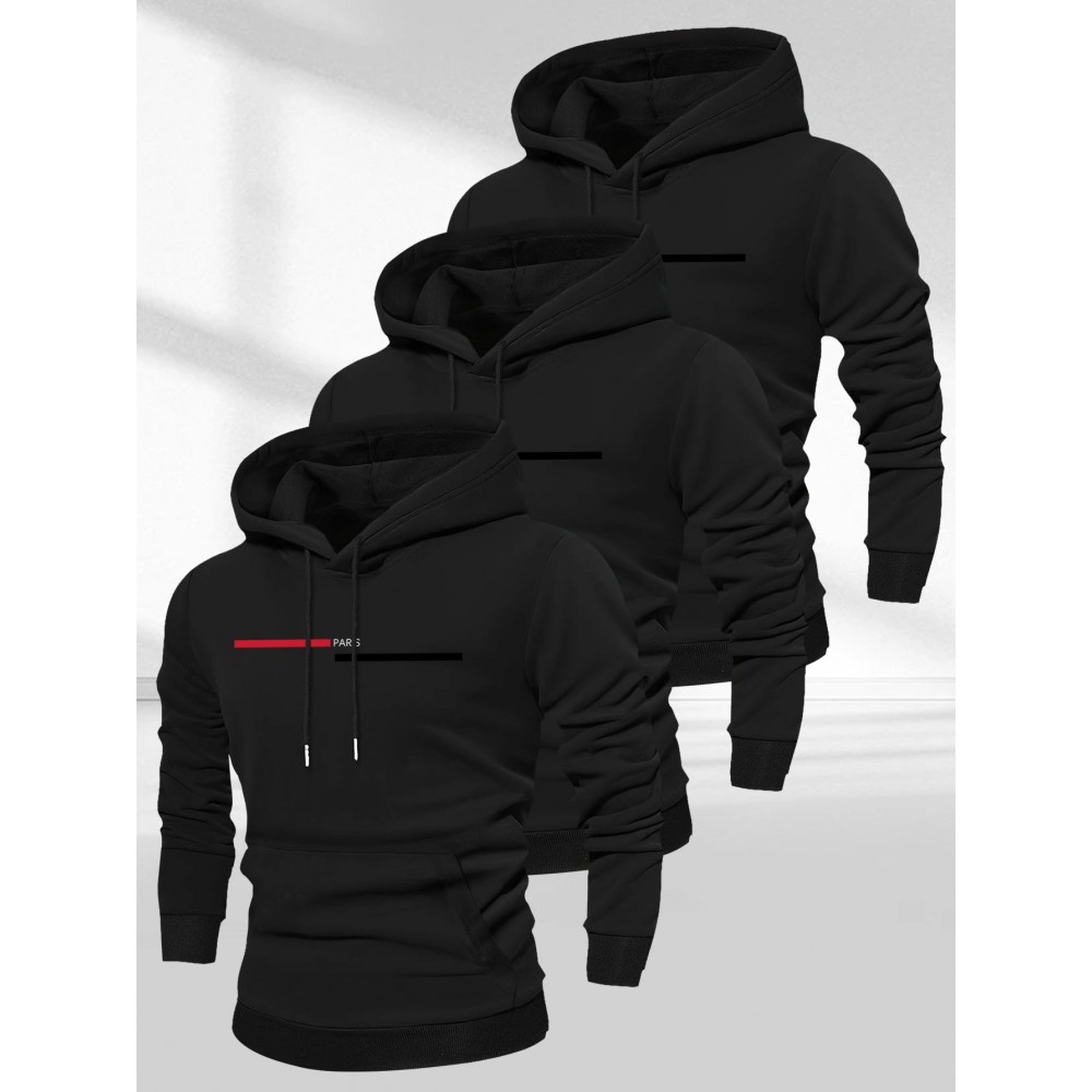 Men'S Casual Minimalist Style Hoodie, Paris Letter Print Men'S Long Sleeve Hoodie Three-Piece Set