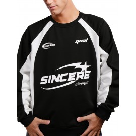 [Stylish Raglan Pullover for Spring] Men's Casual Letter Print Pullover - Stylish Long Sleeve T-Shirt with Raglan Design, Perfect for Spring & Fall