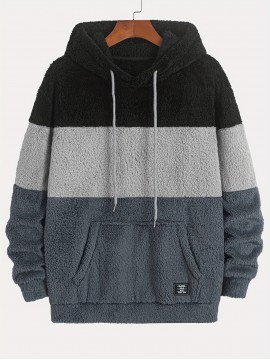 Men's Heavyweight Plush Hoodie - Winter Thermal Pullover Sweatshirt with Kangaroo Pocket, Dark Grey/Black Color Block Hooded Sweater for Cold Weather, Machine Washable Loose Fit Casual Outerwear, Ribbed Cuffs And Hem