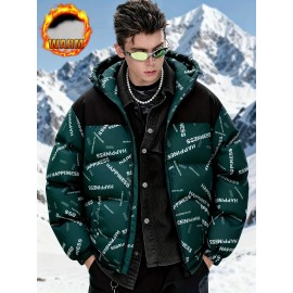 [Windproof Jacket] Warm & Stylish Men's Thick Windproof Hooded Jacket | Large Pockets & Drawstring, Black Polyester, Casual Letter Print Versatile Outerwear, Durable Outerwear