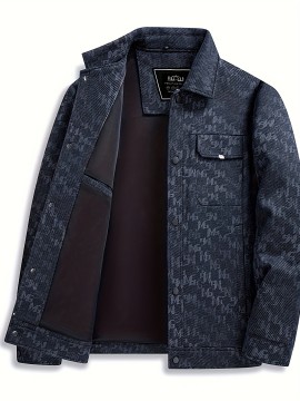 Men's Navy Blue Bomber Jacket with White Camo & Chest Pocket - Short Single-Breasted Casual & Business-Casual Coat, Collar, Button-Front Door, (No-Fill) for Fall/Spring Outerwear