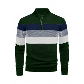 Men's Slim-Fit Casual Soft Commuter Knit Sweater - High Neck Long Sleeve with 1/4 Zipper, Navy & Light Grey Color Block Design for Autumn/Winter, Office & Casual Wear, Knitted Sweater, Comfortable Winter Wear